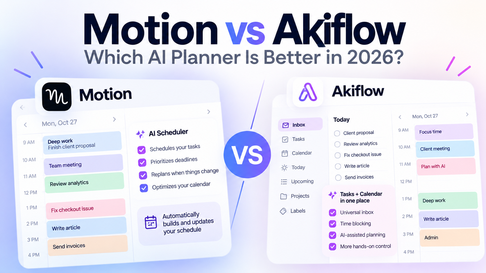 Motion vs Akiflow: Motion's AI scheduler building a calendar automatically compared with Akiflow's inbox, tasks and calendar in one place with time blocking