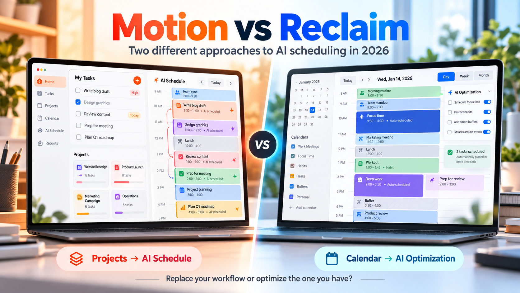Motion vs Reclaim: project tasks flowing into an AI schedule beside a calendar with focus time, habits, meetings and buffers