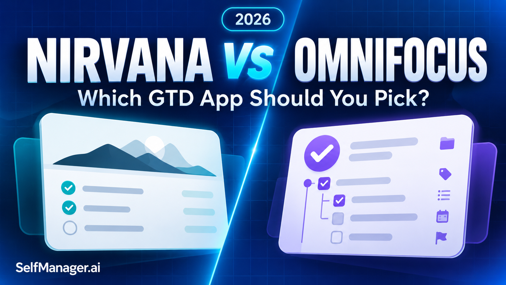 Two GTD task lists side by side, next to the headline Nirvana vs OmniFocus 2026, which GTD app should you pick?