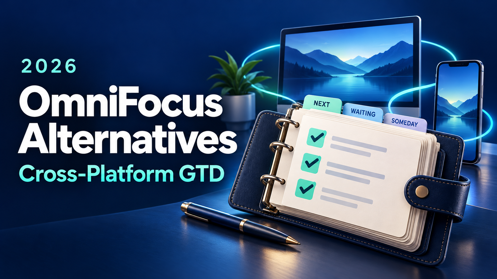A leather planner with a GTD checklist beside a laptop and phone, next to the headline OmniFocus Alternatives 2026, cross-platform GTD