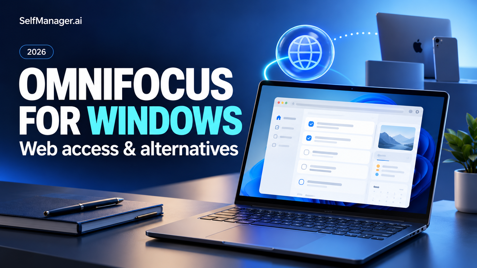 A laptop with a task app in a browser and a globe icon, next to the headline OmniFocus for Windows, web access and alternatives