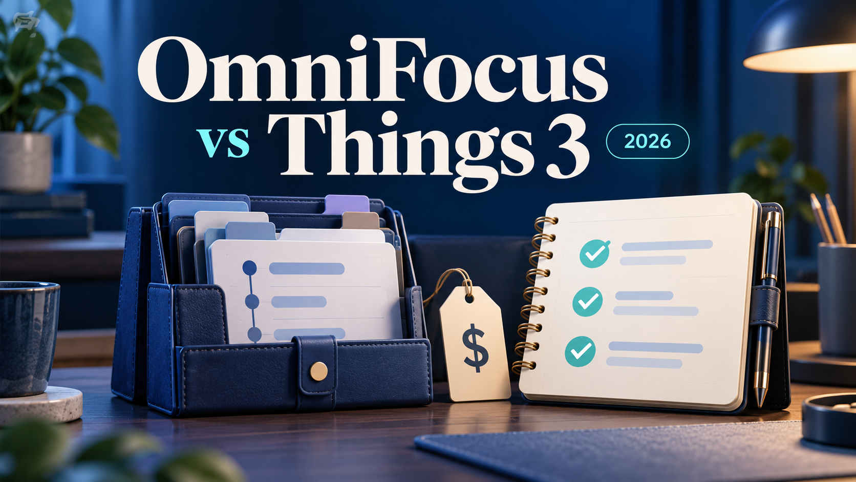 A leather organizer with folders and a checklist notebook with a price tag, next to the headline OmniFocus vs Things 3 2026