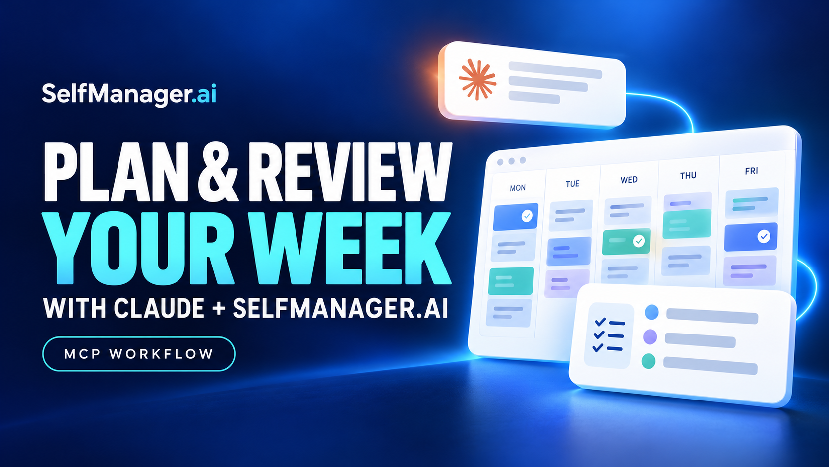 A weekly board and checklist connected to a Claude chat card, next to the headline Plan and Review Your Week with Claude + SelfManager.ai