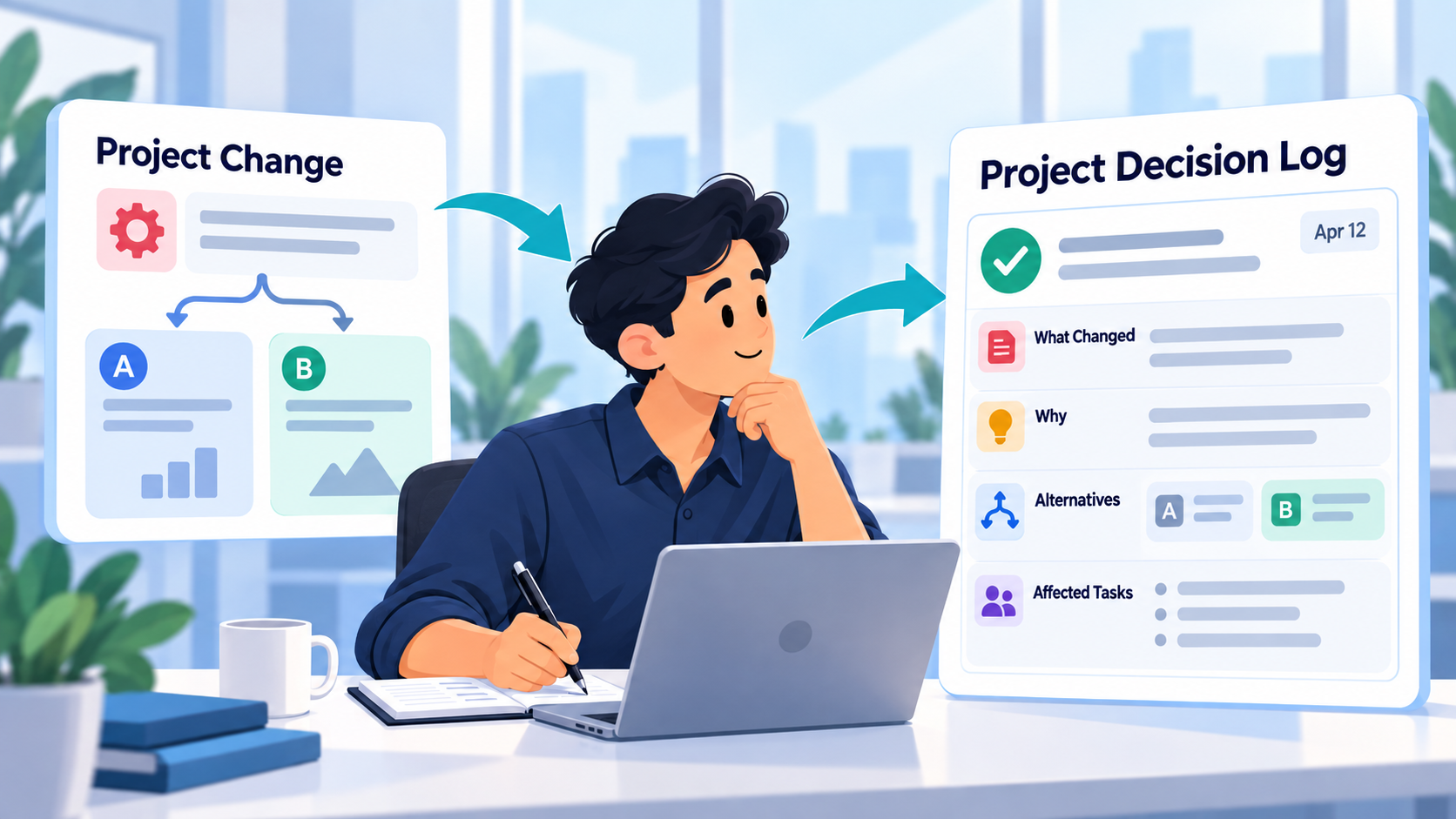 A project change with options A and B recorded in a Project Decision Log showing what changed, why, the alternatives and the affected tasks