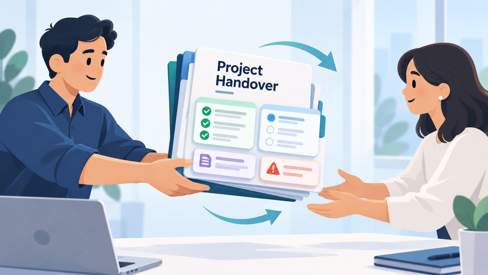 A project handover: one person hands a Project Handover document with completed tasks, open items, notes and blockers to the colleague taking over
