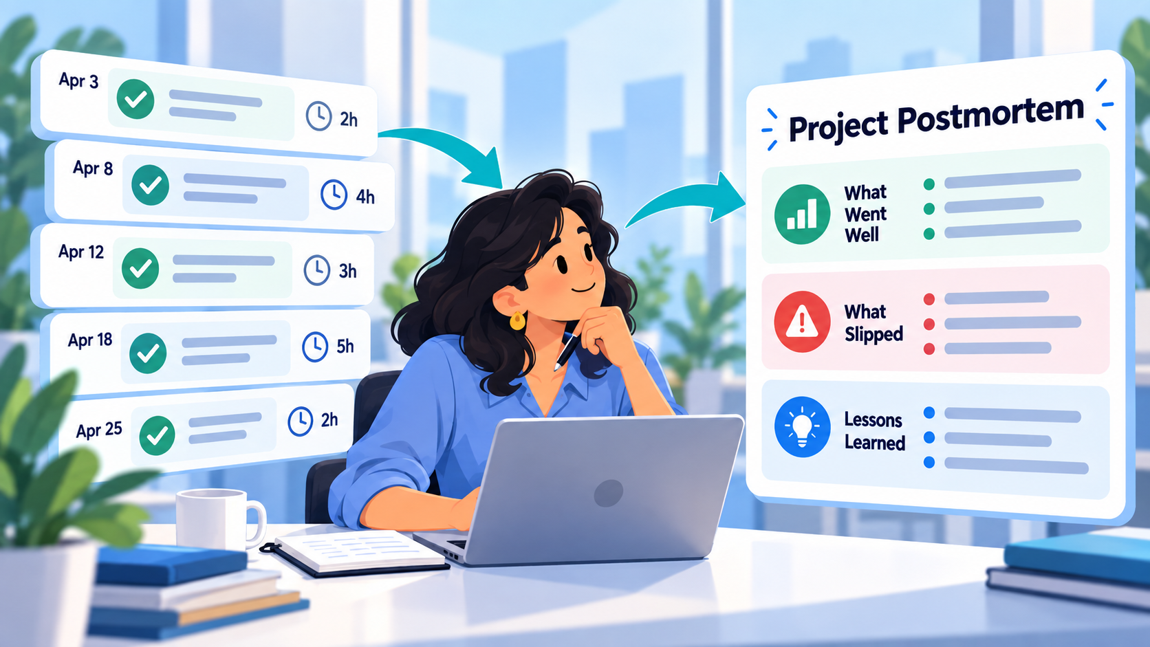 Dated completed tasks with tracked hours turned into a Project Postmortem of what went well, what slipped and lessons learned