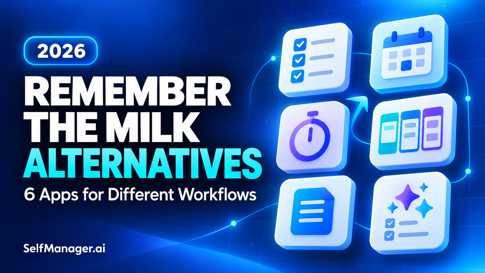 A grid of app tiles for lists, calendars, timers and notes, next to the headline Remember The Milk Alternatives 2026, 6 apps for different workflows