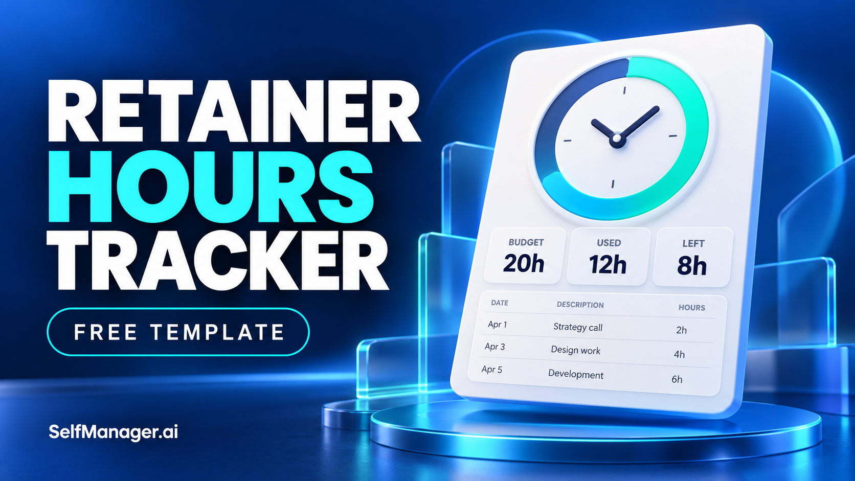 A tracker showing 20 hours budget, 12 used and 8 left with a clock, next to the headline Retainer Hours Tracker, free template