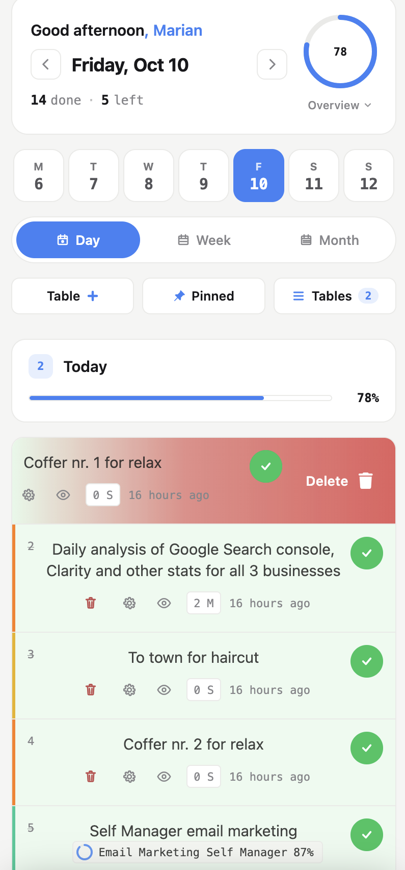 Swipe left on a task to reveal the delete action on mobile
