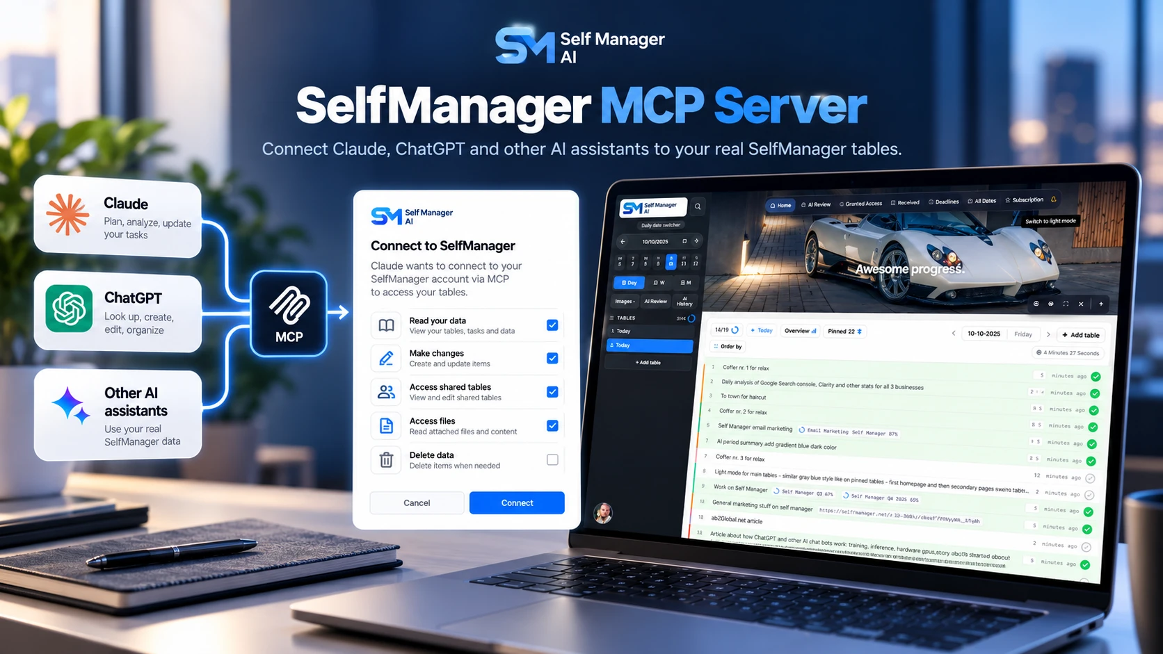 Claude, ChatGPT and other AI assistants linked through an MCP plug to a SelfManager permission screen and a laptop showing tables, under the headline SelfManager MCP Server