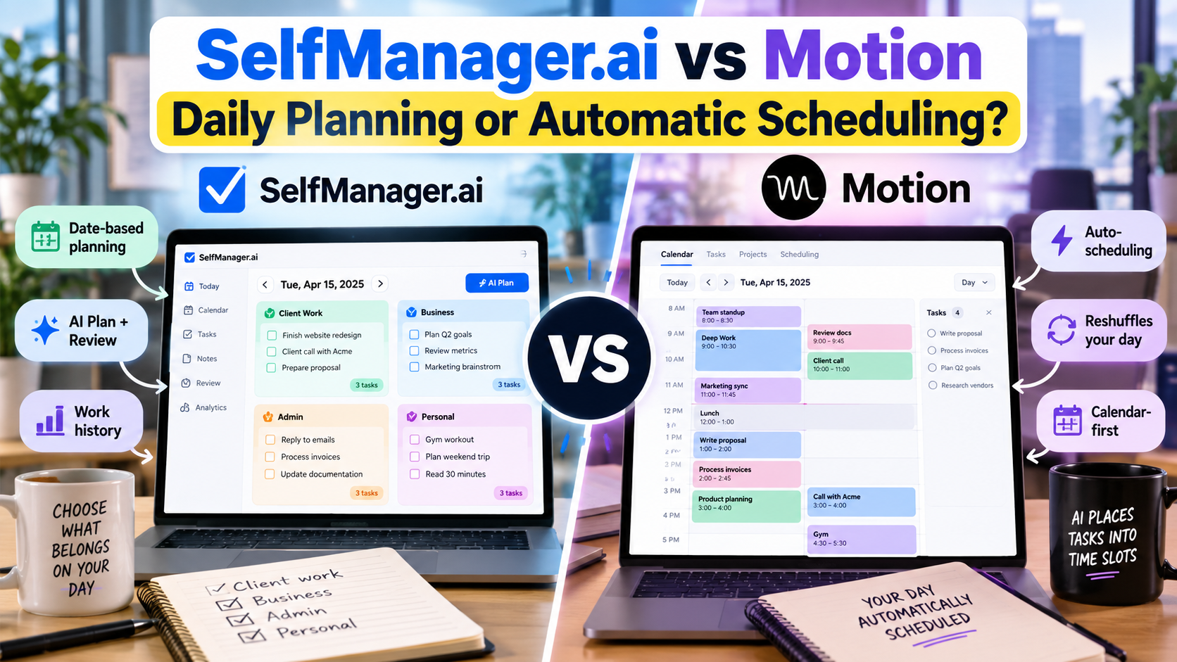 SelfManager.ai vs Motion: a date with separate Client Work, Business, Admin and Personal task tables and AI Plan compared with a Motion calendar that auto-schedules tasks into time slots