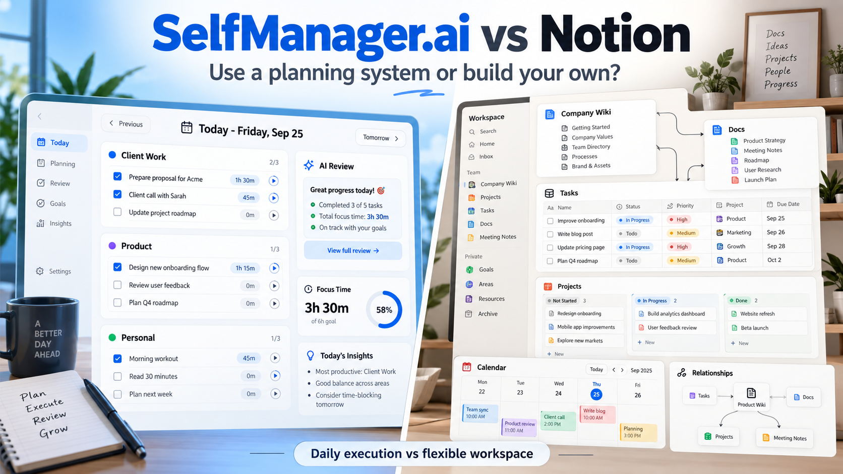 SelfManager.ai vs Notion: dated daily task tables and time tracking compared with a connected workspace of documents, databases and wikis