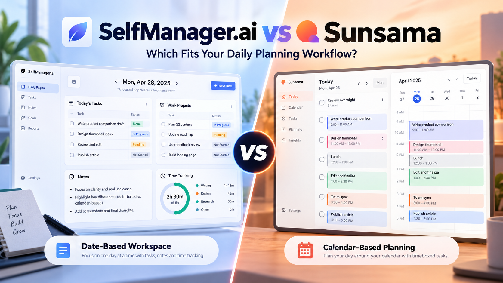 SelfManager.ai vs Sunsama: a date-based workspace with task tables, notes and time tracking compared with Sunsama's calendar-based day of timeboxed tasks