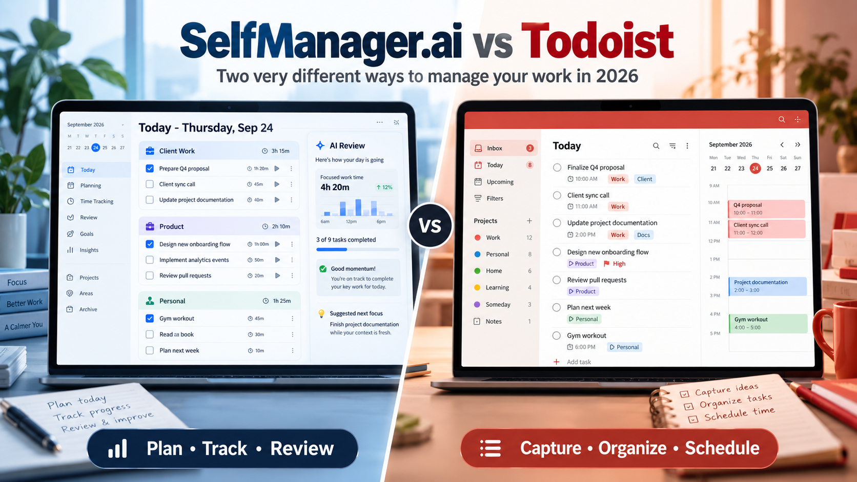 SelfManager.ai vs Todoist: date-based planning, time tracking and AI review compared with projects, tasks and calendar scheduling