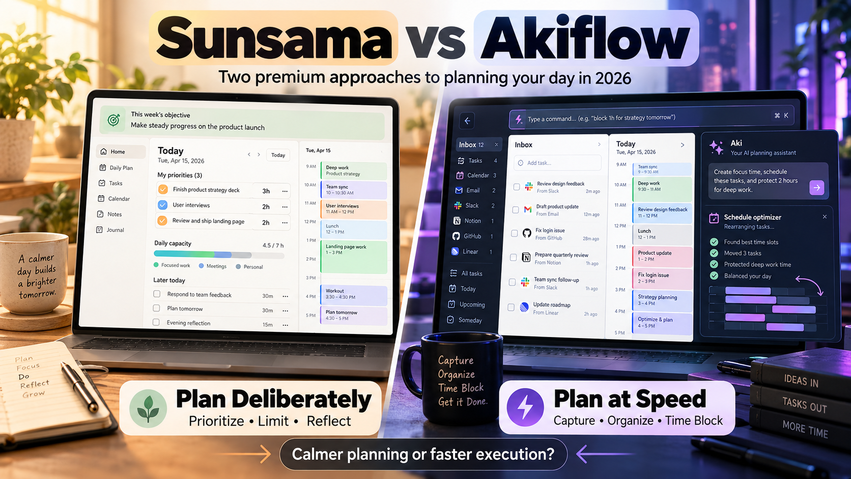 Sunsama vs Akiflow: deliberate daily planning and workload awareness compared with fast task capture, calendar time slots and AI assistance