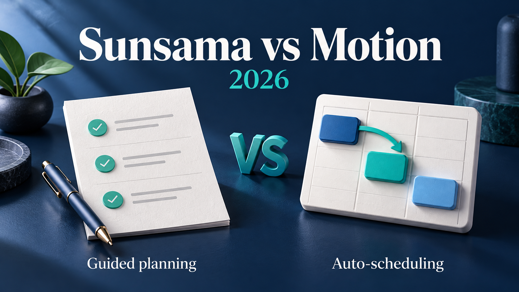 A guided planning checklist beside an auto-scheduling calendar, under the headline Sunsama vs Motion 2026