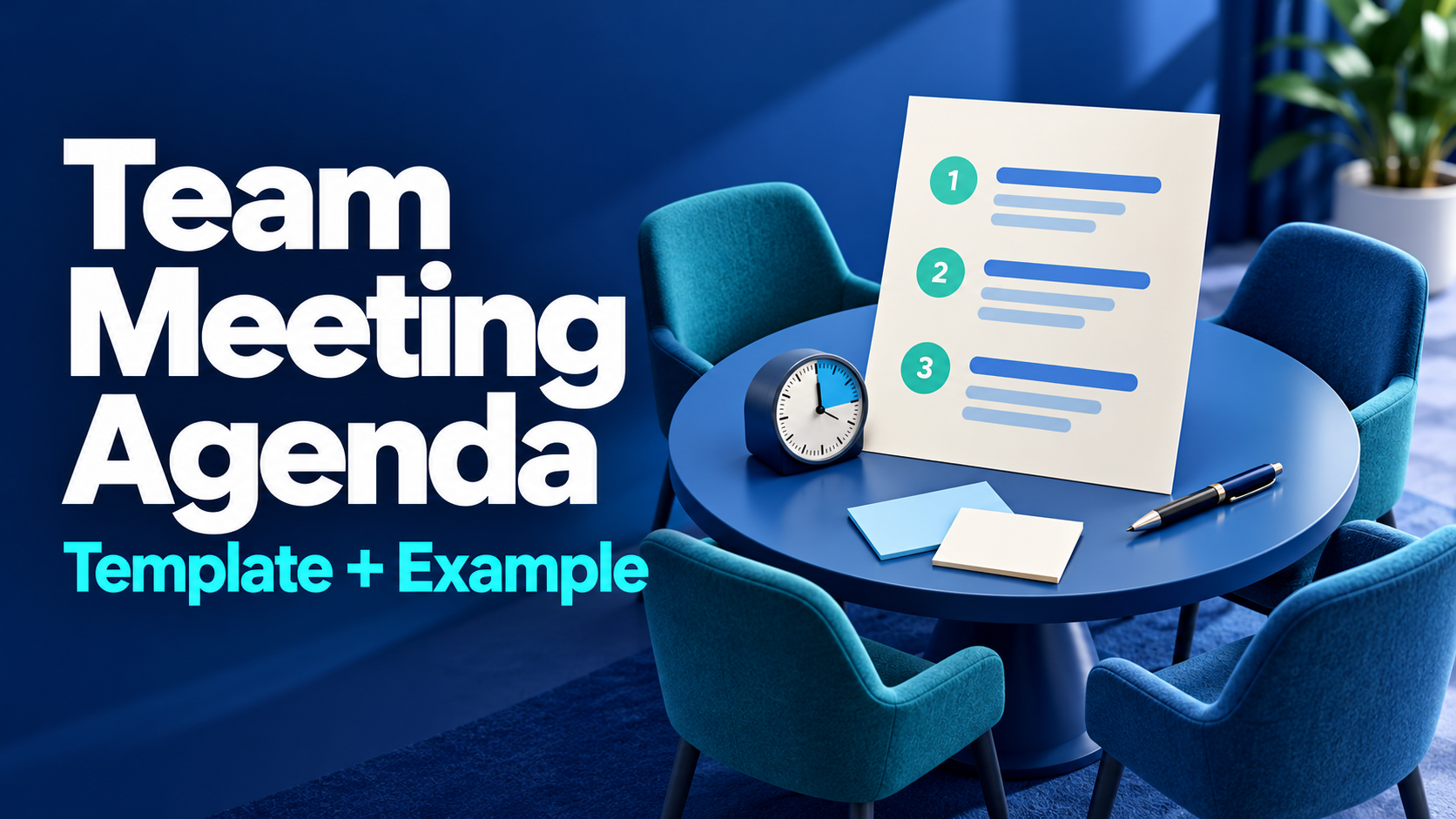 A round meeting table with chairs, a clock and a numbered agenda sheet, next to the headline Team Meeting Agenda, template + example