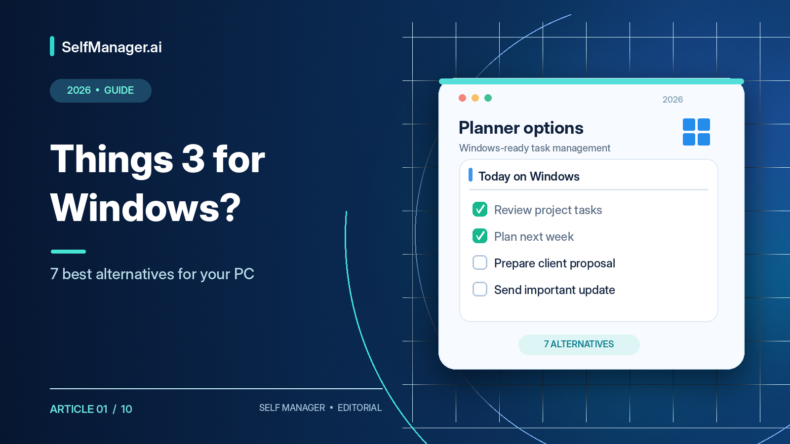 A Windows task list with checked items and a Windows logo, next to the headline Things 3 for Windows? 7 best alternatives for your PC