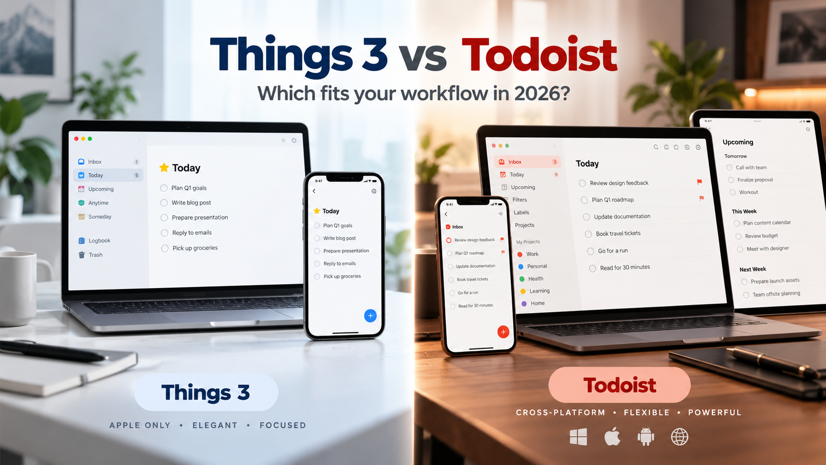 Things 3 vs Todoist: an Apple-focused workspace compared with a cross-platform task management setup