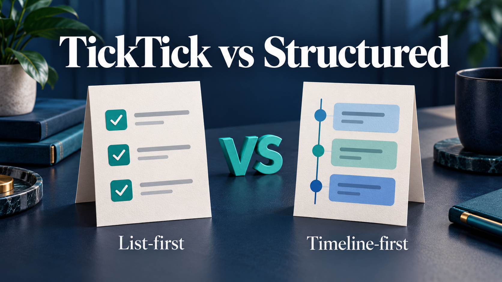 A checklist card marked list-first beside a timeline card marked timeline-first, under the headline TickTick vs Structured