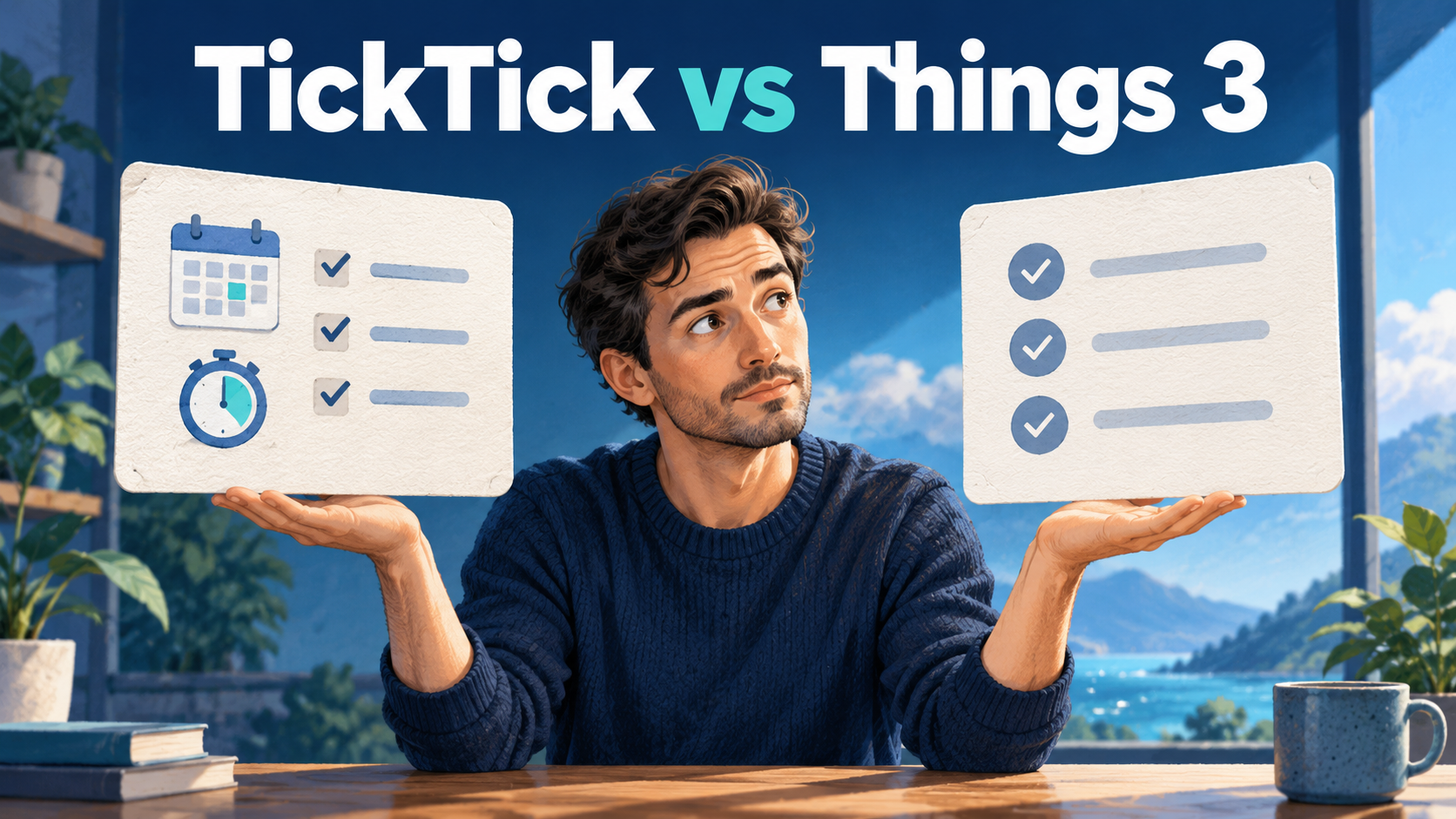 A person weighing a calendar task list in one hand against a checklist in the other, under the headline TickTick vs Things 3