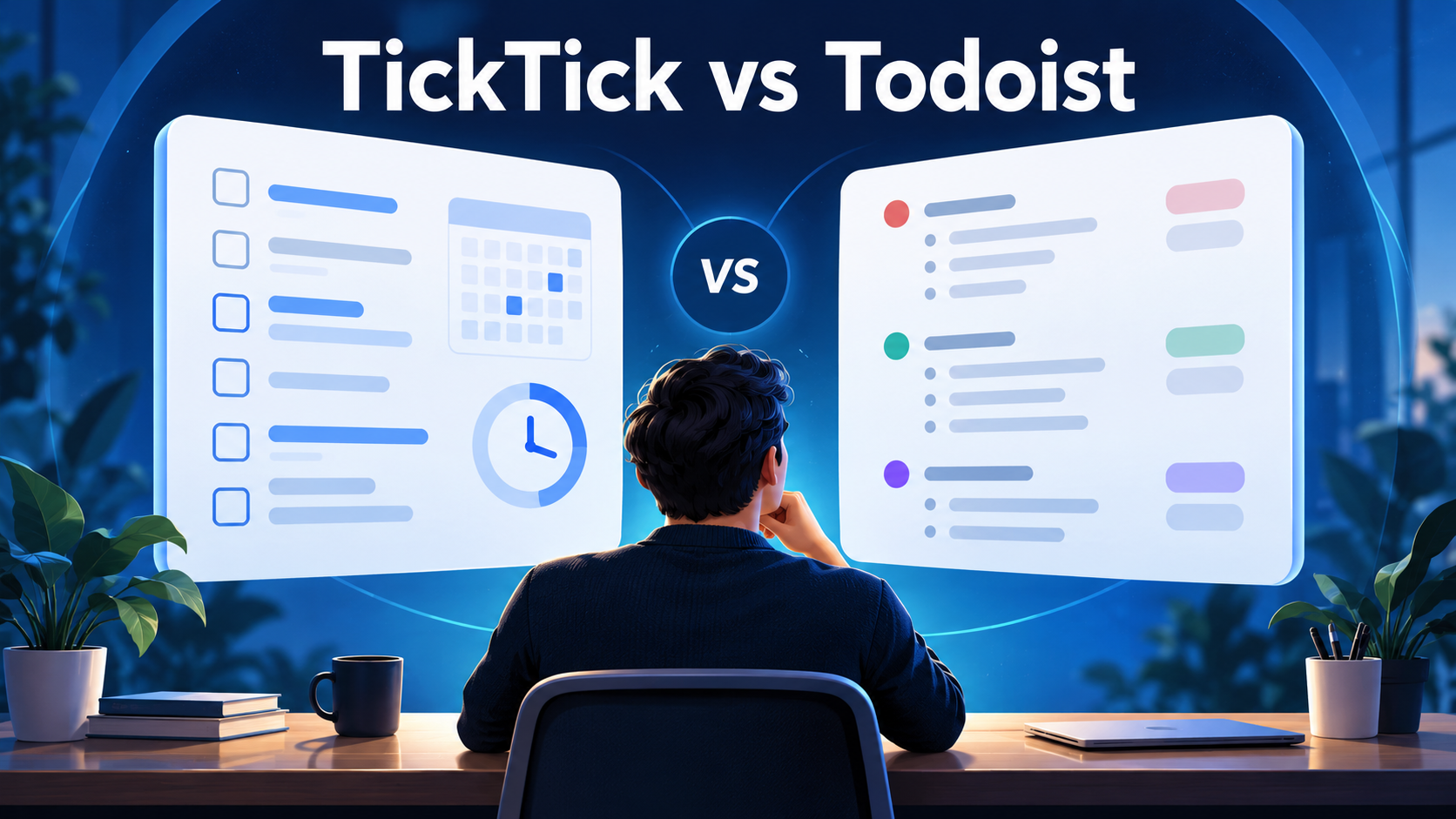 A person facing two task-list panels side by side, under the headline TickTick vs Todoist