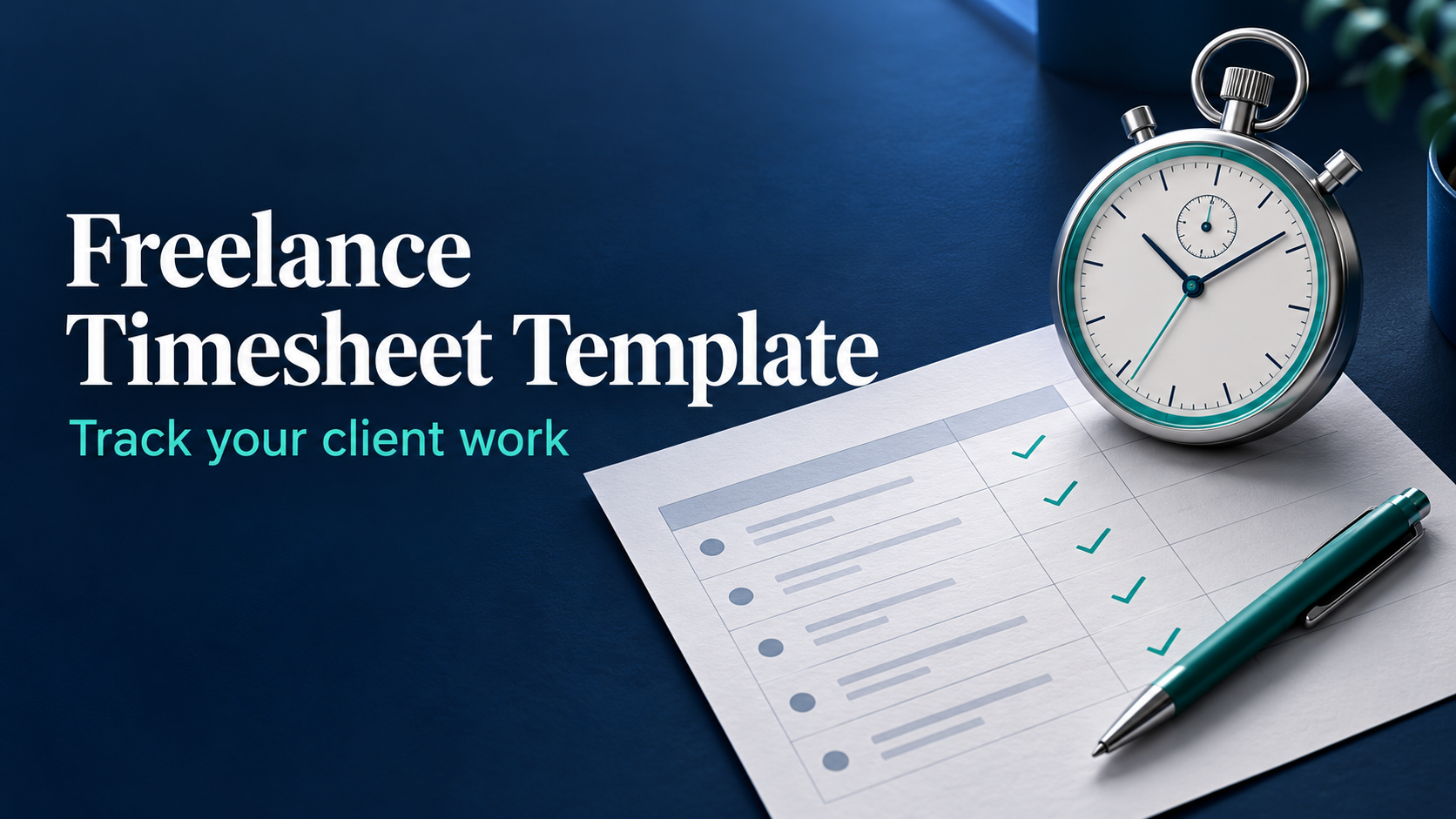 A stopwatch on a timesheet with checked rows and a pen, next to the headline Freelance Timesheet Template