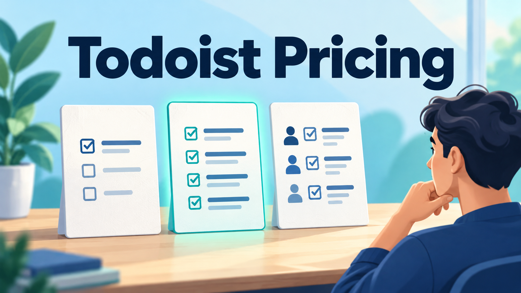 Three task-list cards for the Free, Pro and Business plans beside a thoughtful person, under the headline Todoist Pricing