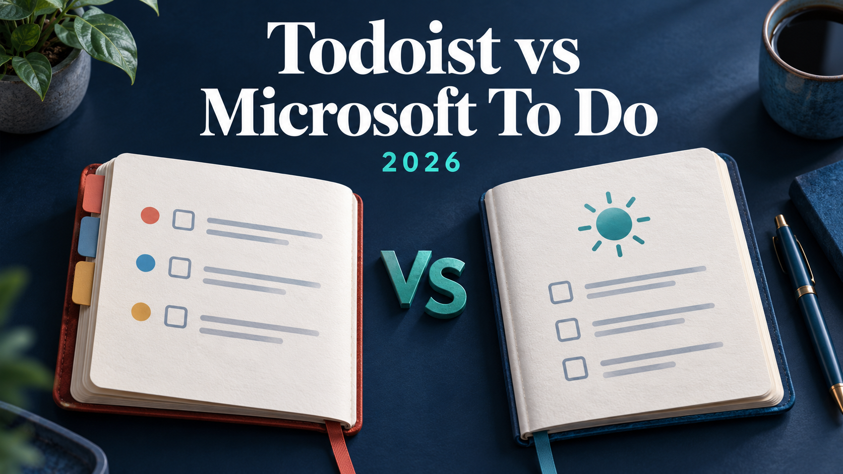 Two open notebooks with task lists side by side, under the headline Todoist vs Microsoft To Do 2026
