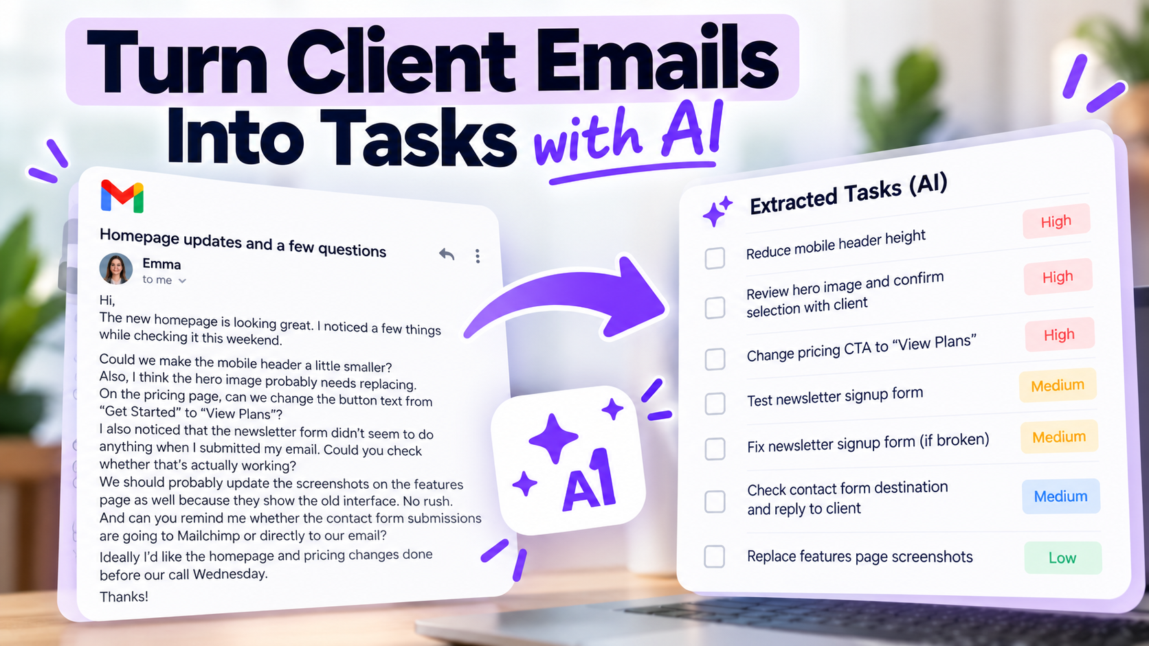 A client email with several requests turned by AI into a list of extracted tasks with High, Medium and Low priorities