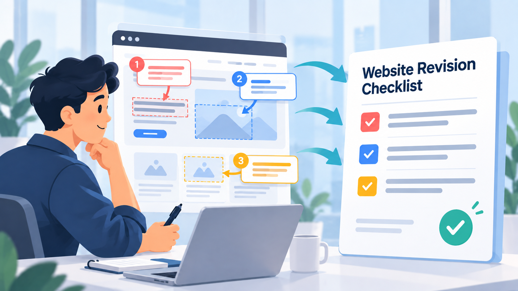 A website screenshot with numbered client comments turned by AI into a Website Revision Checklist