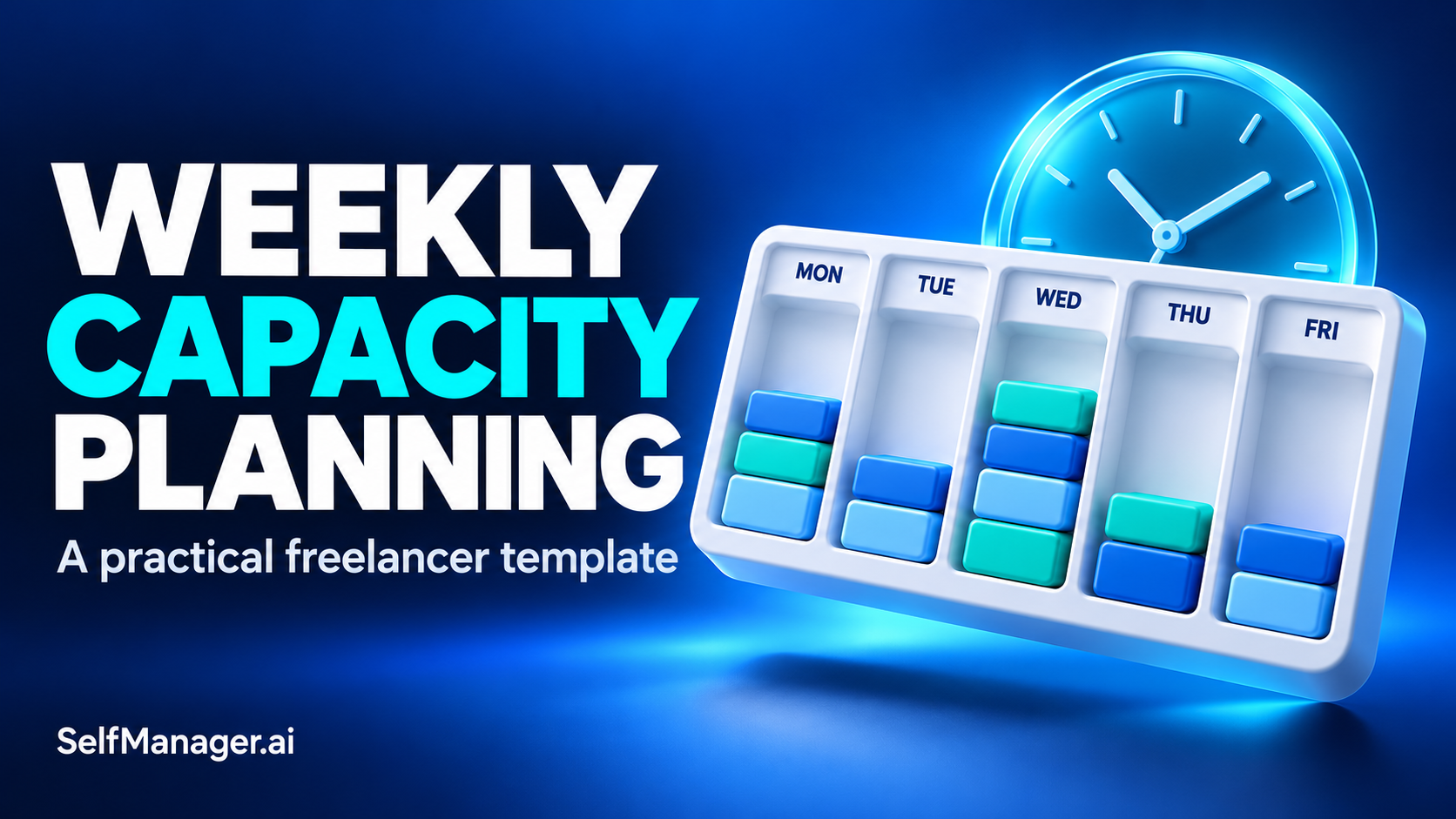 A weekday capacity board with stacked blocks and a clock, next to the headline Weekly Capacity Planning, a practical freelancer template