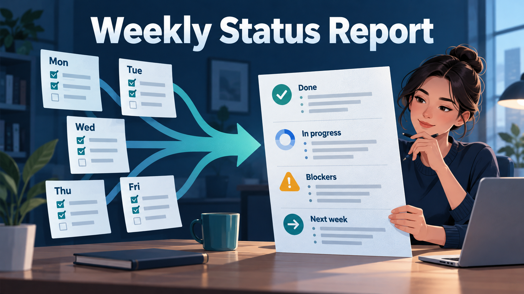Daily task notes from Monday to Friday flowing into one weekly report with done, in progress, blockers and next week, under the headline Weekly Status Report