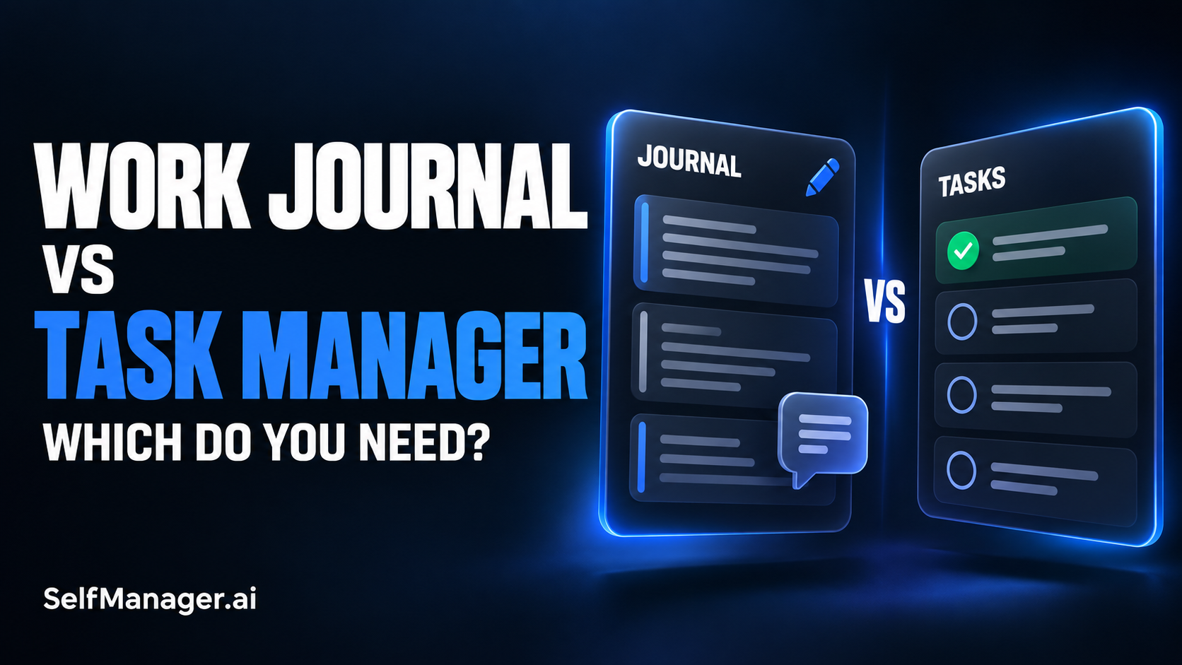 A journal page beside a task list, next to the headline Work Journal vs Task Manager