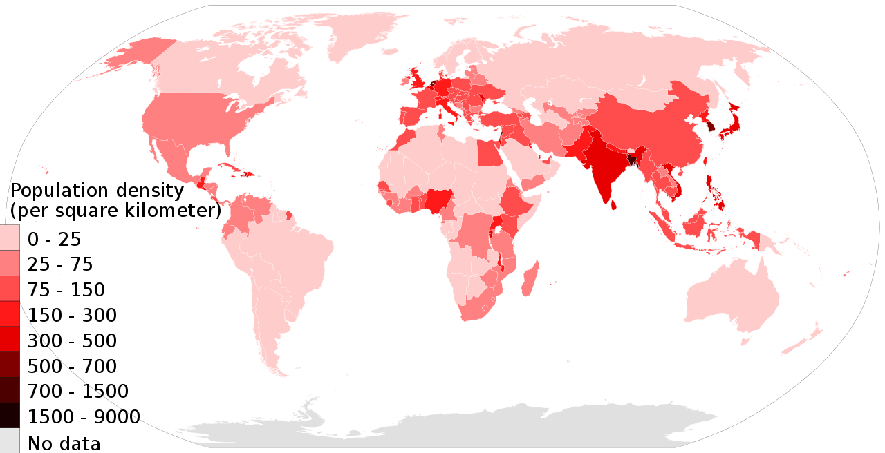 แผนที่โลกแสดงความหนาแน่นของประชากร