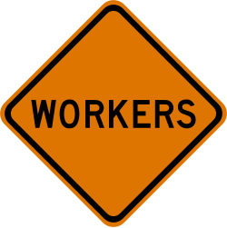 Workers ahead with text