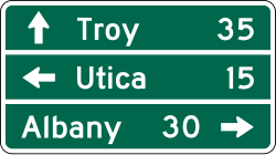 Three line destination guide sign with distance information