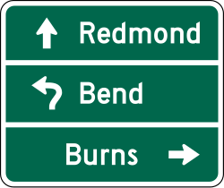 Three line destination guide sign for circular intersections