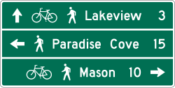 Three line shared-use path destination and distance guide sign