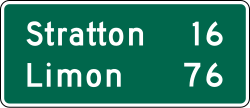 Two line distance guide sign showing mileage to multiple destinations