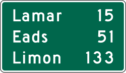 Three line distance guide sign showing mileage to multiple destinations