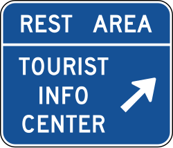 Rest area with tourist information center with diagonal right arrow