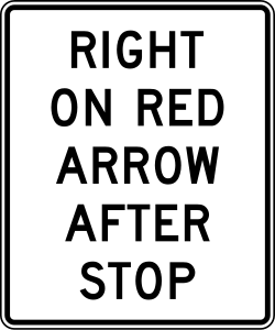 Allows right turn on red arrow after coming to complete stop