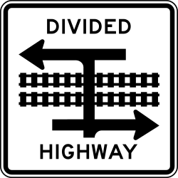 Transit rail crossing on a divided highway at a T-intersection