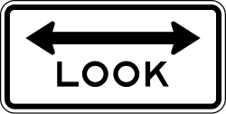 Instructs to look both ways before crossing railroad tracks