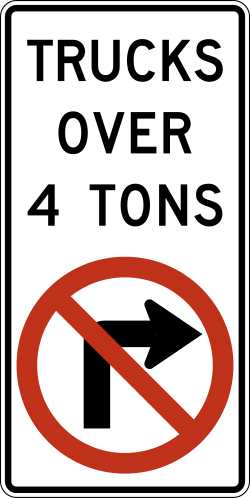 Right turns are prohibited for trucks over the posted weight
