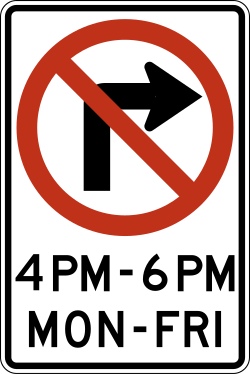 Right turns are prohibited during the times and days posted on the sign