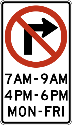 Right turns are prohibited during several posted time periods