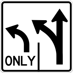 Post-mounted sign showing the configuration of all lanes ahead so you can pick the right one in time