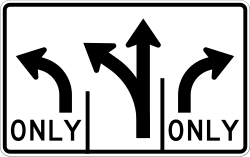 Advance lane control for approaches with three or more lanes. With three or more lanes these signs are post-mounted, never overhead